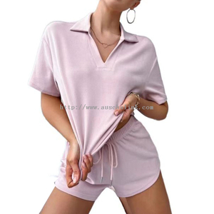 2022 Summer Short Sleeve V-neck Solid Color Top And Shorts Casual Suit for Women