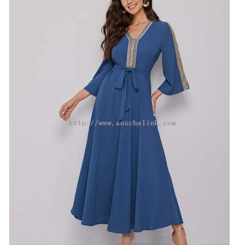 Newly Designed High-waisted V-neck Lace with Detail Belted Waist Flounces Sleeve Flared Career Dress for Women