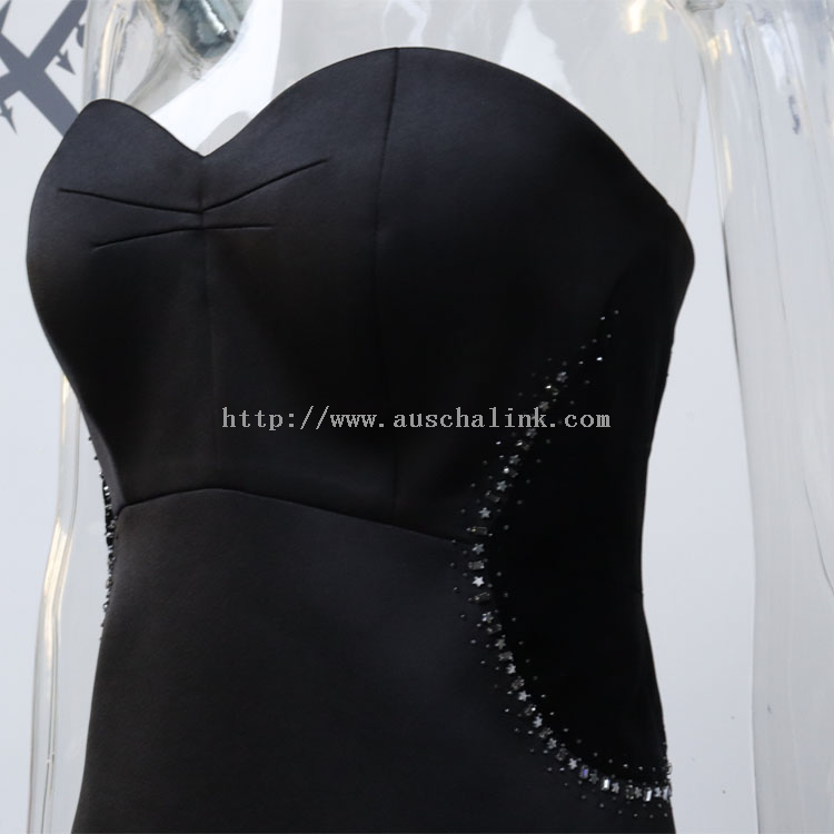 AUSCHALINK Newly Designed Black Strapless Patchwork Nail Bead Matte Satin Slim Sexy Evening Dress for Women