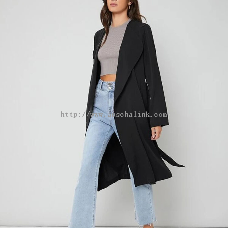 Fall/winter 2021 new waterfall collar diagonal pocket belt black long trench coat for women
