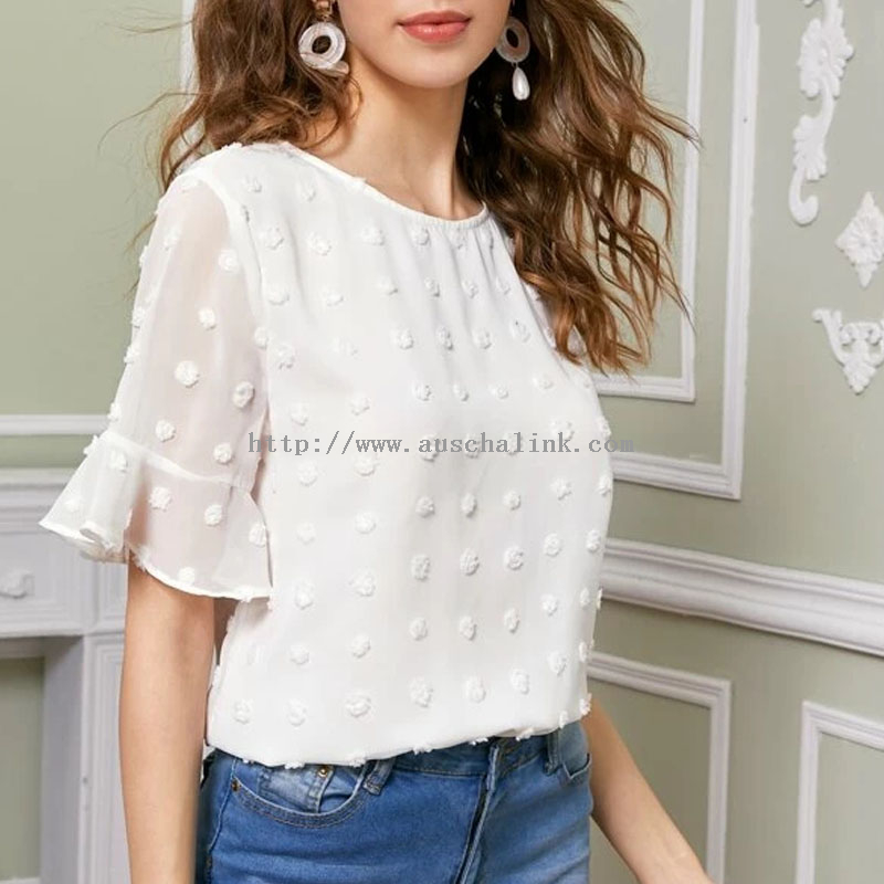 Custom White Round Collar Flounces Sleeve Swiss Polka Dot Button Fashion Top for Women
