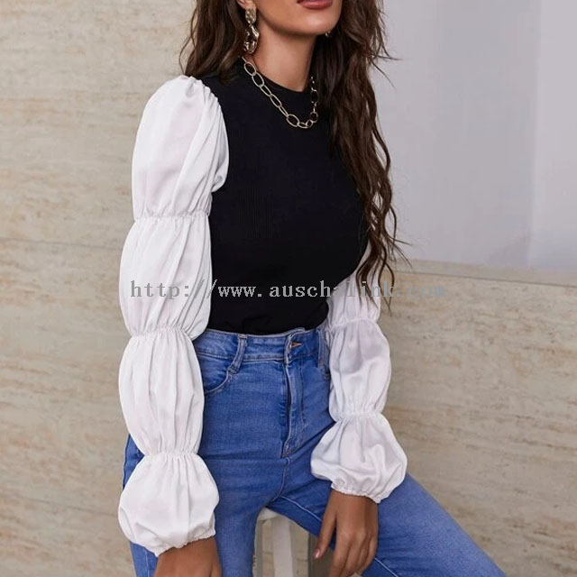 Custom fashion long sleeves high elastic two-color gathered sleeves round collar casual elegant top for women