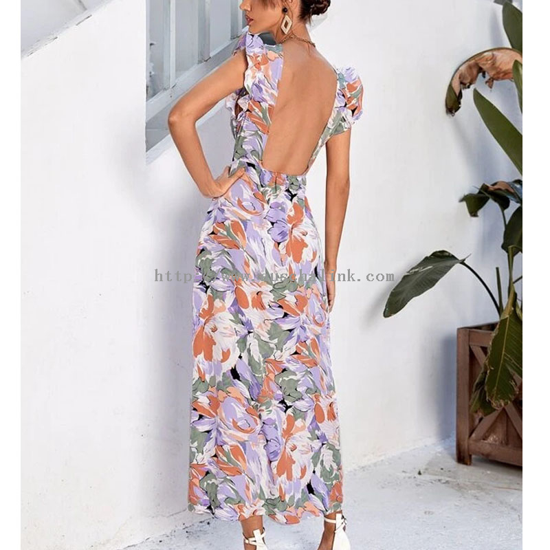 2022 Summer Deep V Neck Floral Print Flounces Sleeve Halter Belt Casual Dress for Women
