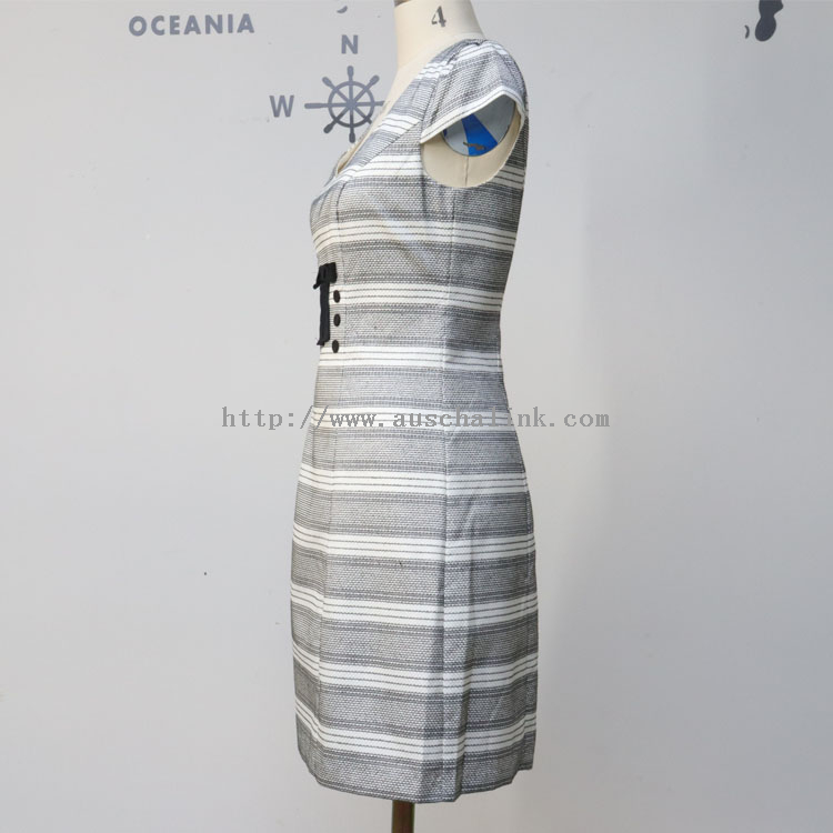 New Design Short - Sleeve V - Collar Stripe Color Bowknot Waist Casual Dress for Women
