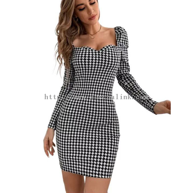 Spring And Autumn New Thousand Bird Case Printing Bubble Sleeve Tight Career Dress Women