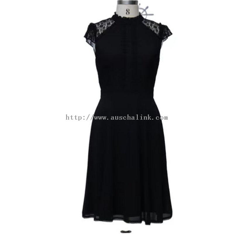 High Quality Stand Collar Short Sleeves High Waist Bell Hollow Chiffon Elegant Dress for Women