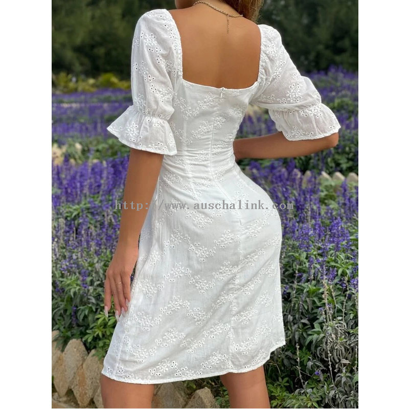 Spring And Summer New Zipper Eyelet Embroidery Lace Frontal Lotus Sleeve Sweetheart Collar Casual Dress Women