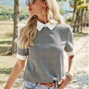 2022 New Short-sleeved Lapel Collar Clash-color Collar Plaid Casual Shirt for Women