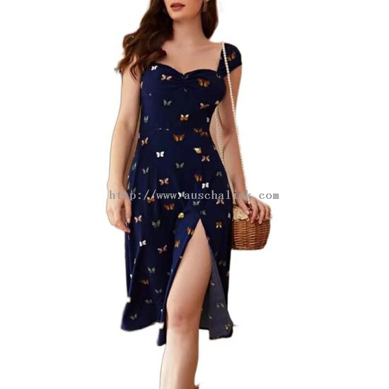 New Design Summer Short Sleeve Sweetheart Collar Butterfly Print Slit Thigh Casual Dress for Women