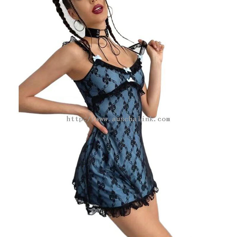 2022 New Design Sleeveless Bow Front Lettuce Trim Lace Halter Sexy Dress for Women