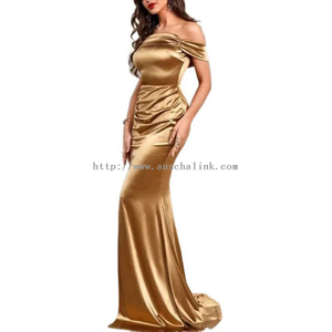 High Quality Custom Pleated Off-the-shoulder Slit Thigh Satin Sexy PROM Dress for Women