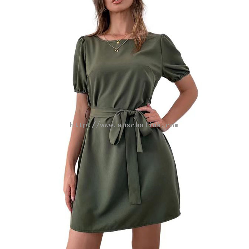 2022 Summer Round Collar Solid Color Bubble Sleeve Belted Professional Dress for Women