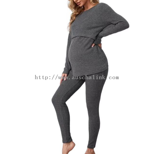 Maternity Ribbed Knit Lift Care Top And Leggings Pajamas Comfortable Casual Set