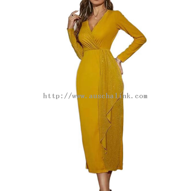 2021 New V-neck Long-sleeve Contrast Sequins Pleated Front Evening Elegant Dress for Women