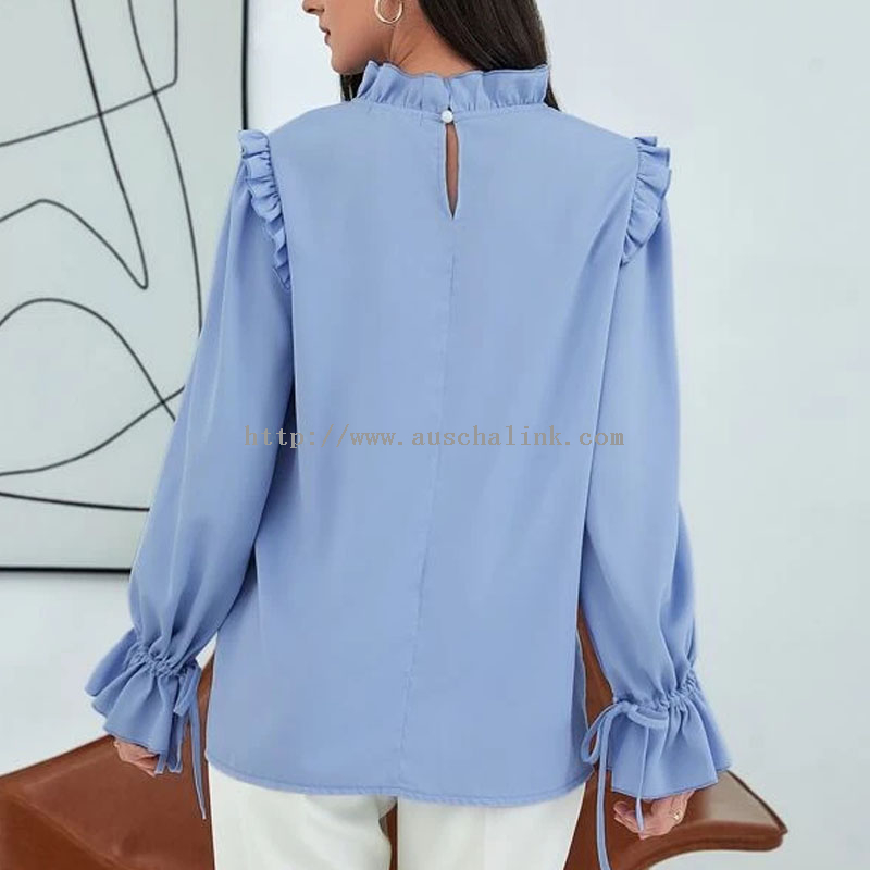 New Solid Color Ruffled Collar Flounces Sleeve Stand Collar Button Elegant Professional Shirt for Women