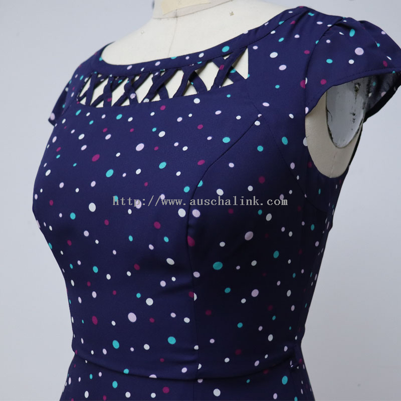 High Quality Short Sleeve Polka Dot Waist Round Collar Bell Casual Dress for Women