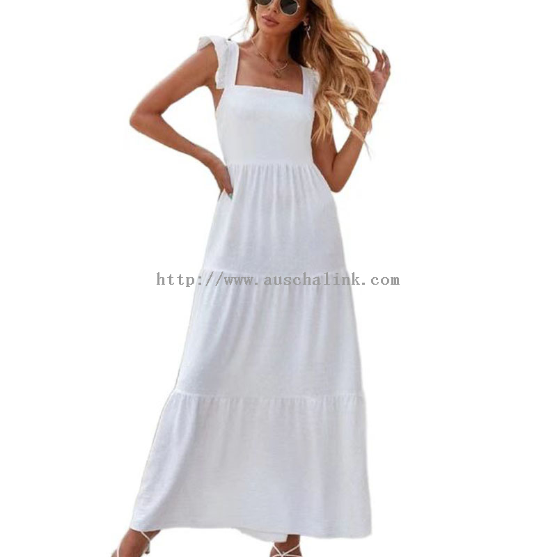 OEM/ODM White Belted square neck Butterfly sleeves Halter Swiss Polka Dot Casual Dress for women