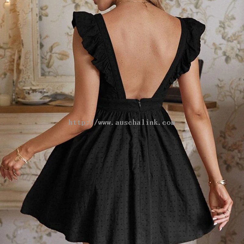 New Cotton Polka Dot Square Collar Butterfly Sleeve Bell Low Back Casual Dress for Women