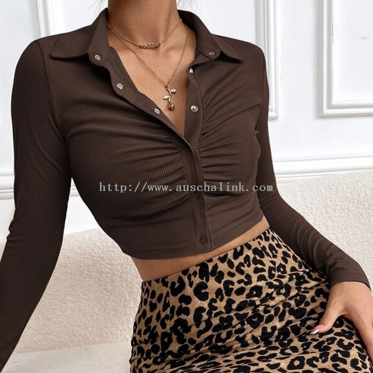 Spring/summer 2022 Long Sleeve Button Front Pleated High Stretch Slim Short Casual Top for Women