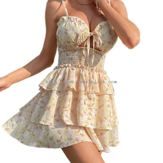 New Summer Floral Print Knot Adorn Front Parallel Crepe Seam Layered Hem Halter Casual Dress for Women