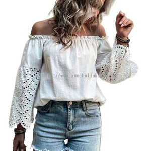 New Design of Off-the-shoulder Contrast Eyelet Embroidered Ruffled Edge Casual Blouse for Women