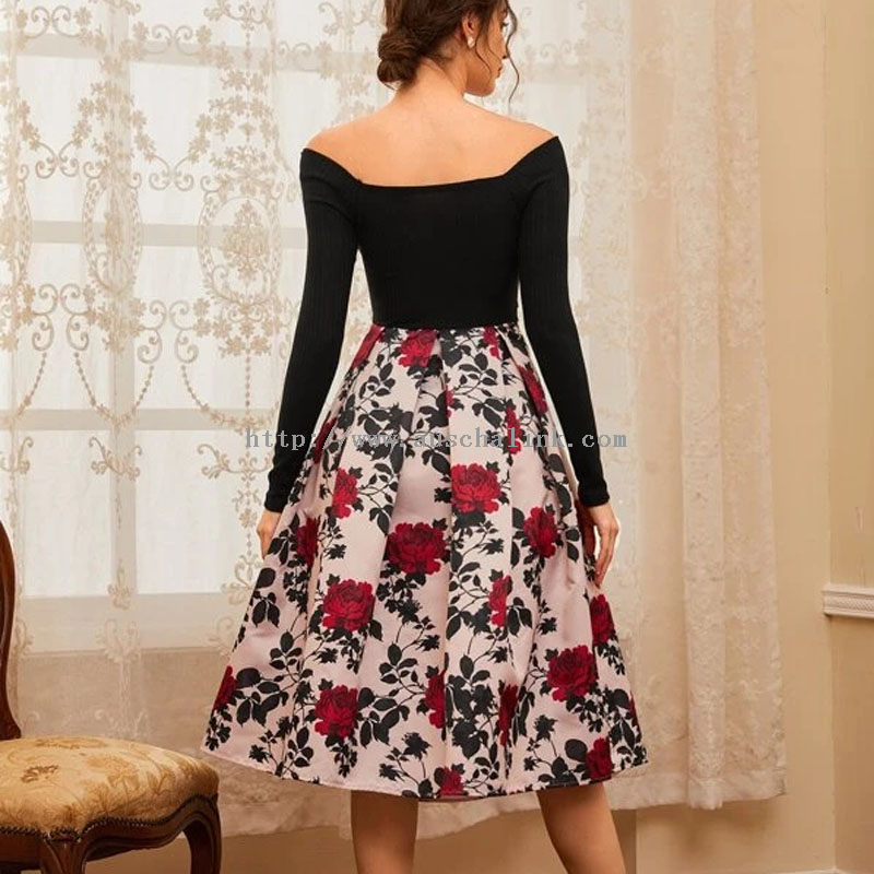 2022 Fashion Floral Stitching Shoulder Pleated Skirt High-waisted Bell Elegant Dress for Women