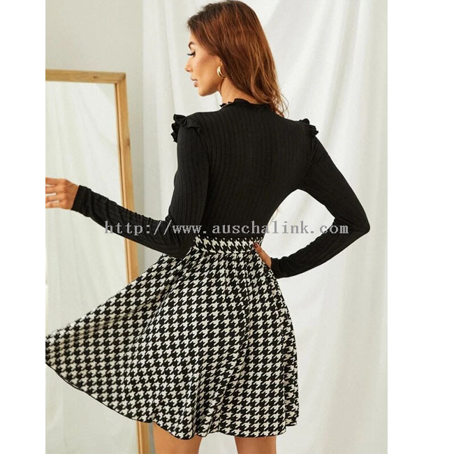 Spring And Autumn New Thousand Bird Case Pleated Edge Act The Role Ofing Waist Flared Flounces Office Leisure Dress Woman