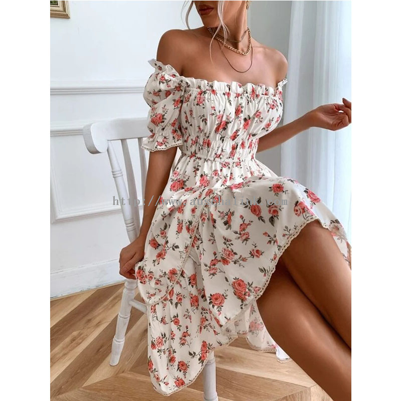 2022 New Multi-color Full-body Floral Square Collar Flounces Sleeve Casual Dress for Women