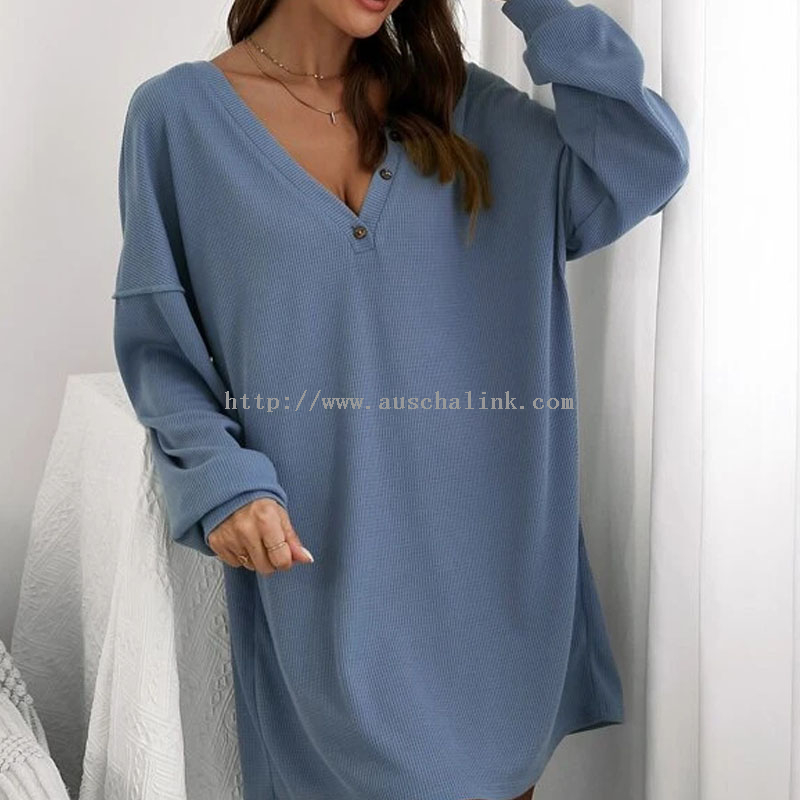  OEM/ODM Long Sleeve Waffle Knit Off Shoulder Deep V-neck Casual Pajamas for Women