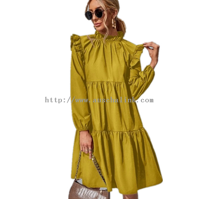 High Quality Flounces Trim Pleated Front Blouse Stand Collar High Waist Casual Dress