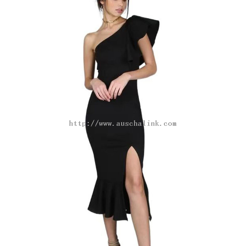 AUSCHALINK- New Design Black MIDI Single Shoulder Slit Flounces Sexy Evening Dress Women