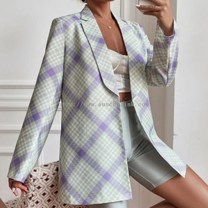2022 New Design Long Multi-coloured Lapel Plaid Print Cardigan Formal Suit for Women