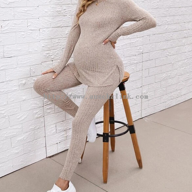 Round Neck Rayon Slit Hem Top And Adjustable Stretch Waist Pants Maternity Dress