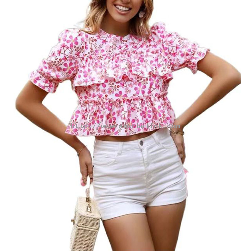 New Summer Round Collar Flower Bubble Sleeve Keyhole Back Flabella Trim Casual Shirt for Women