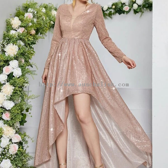 Newly Designed Custom High And Low Hem V Neck High Waist Glitter Sequins PROM Bridesmaid Dresses for Women