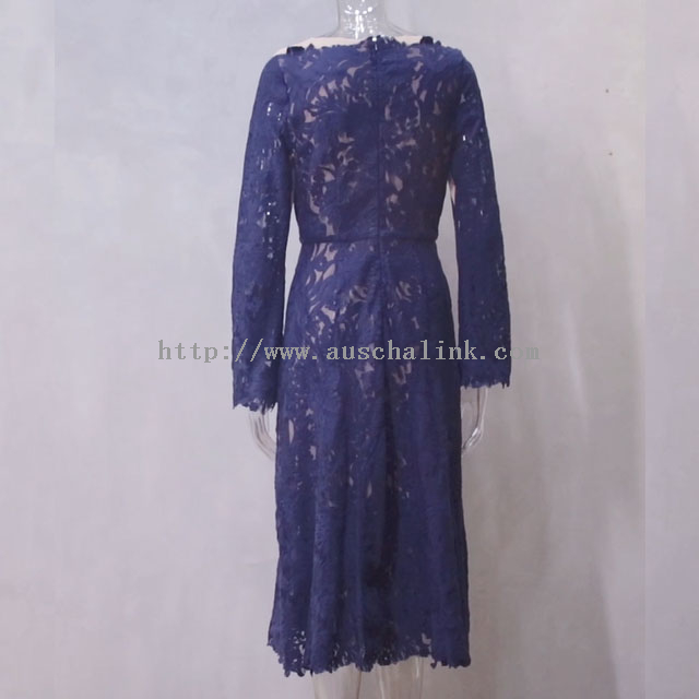 AUSCHALINK- Spring Autumn Blue Long Sleeve Formal Dress with Hollow Lace Lady Dress