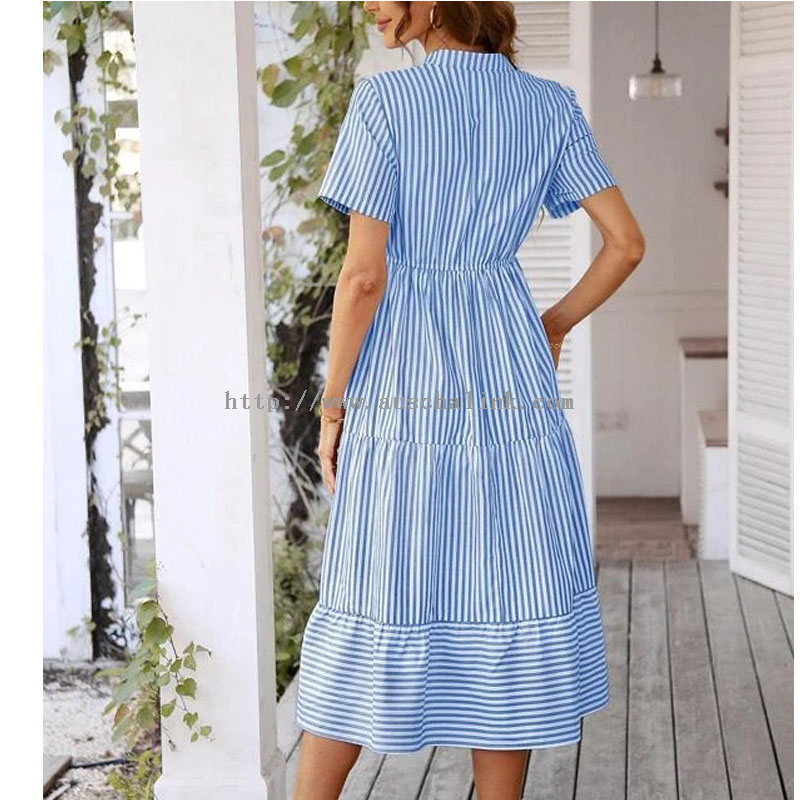 OEM/ODM Vertical Stripe Notched Collar False Button Flounces Hem A-line Elegant Dress for Women