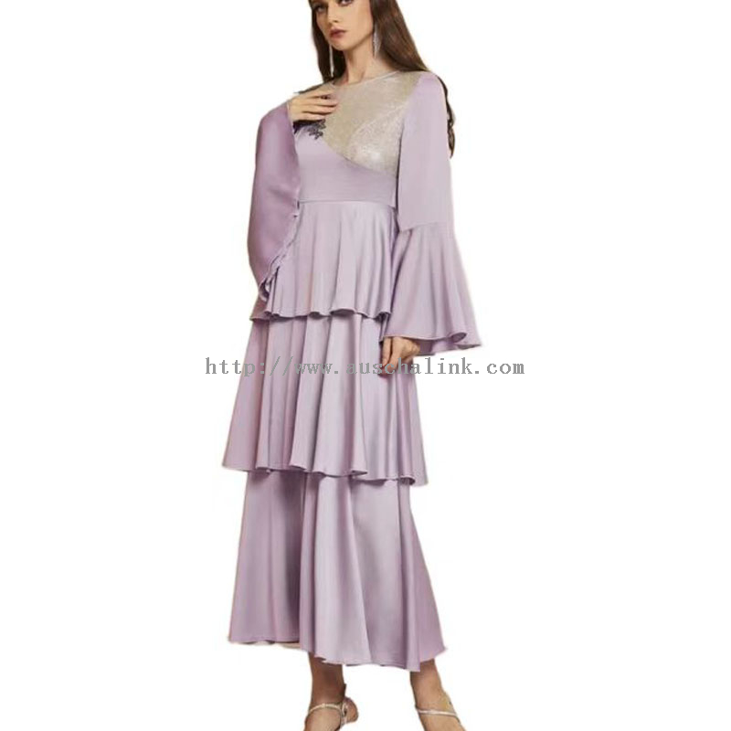 High Quality Bell Sleeve Sequins Spliced Flower Decals Layered Flounces Hem Party Dress for Women