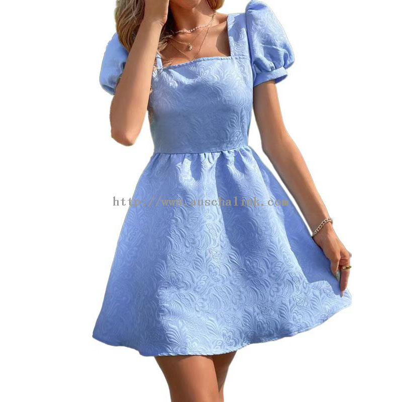 2022 New Square Collar Floral Jacquard Lace Bubble Sleeve Casual Dress for Women