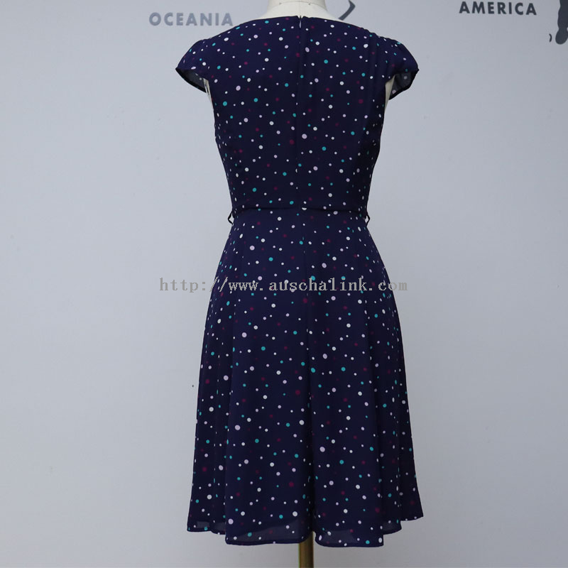 High Quality Short Sleeve Polka Dot Waist Round Collar Bell Casual Dress for Women