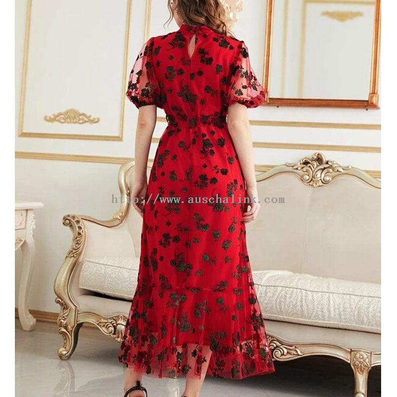 New High Quality Stand Collar Floral Lace-up Lantern Sleeve Net A-word Professional Dress for Women
