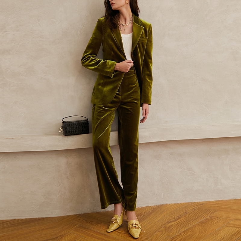 2022 Autumn Winter New Velvet Vintage Green Suit Wide-Leg Pants Two-Piece Set For Women