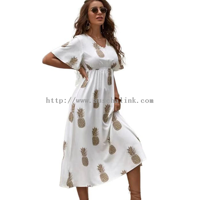 High-waisted Pineapple Printed Butterfly Sleeve Flared Hem V-neck Casual Dress