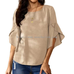 2021 Spring/summer Round Collar Pure Color Lotus Leaf Sleeve Loose Blouse for Women