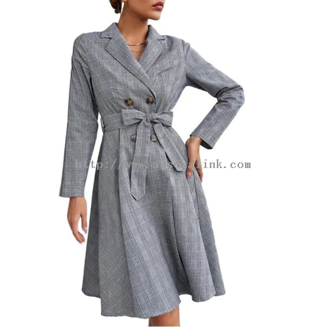 2022 New long-sleeve high-waisted lapel double breasted waist plaid office dress for women