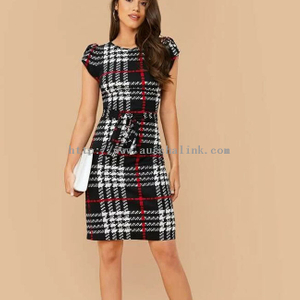 Spring And Summer New Round Collar Bubble Sleeve Plaid Belted Waist Mini Career Dress Women
