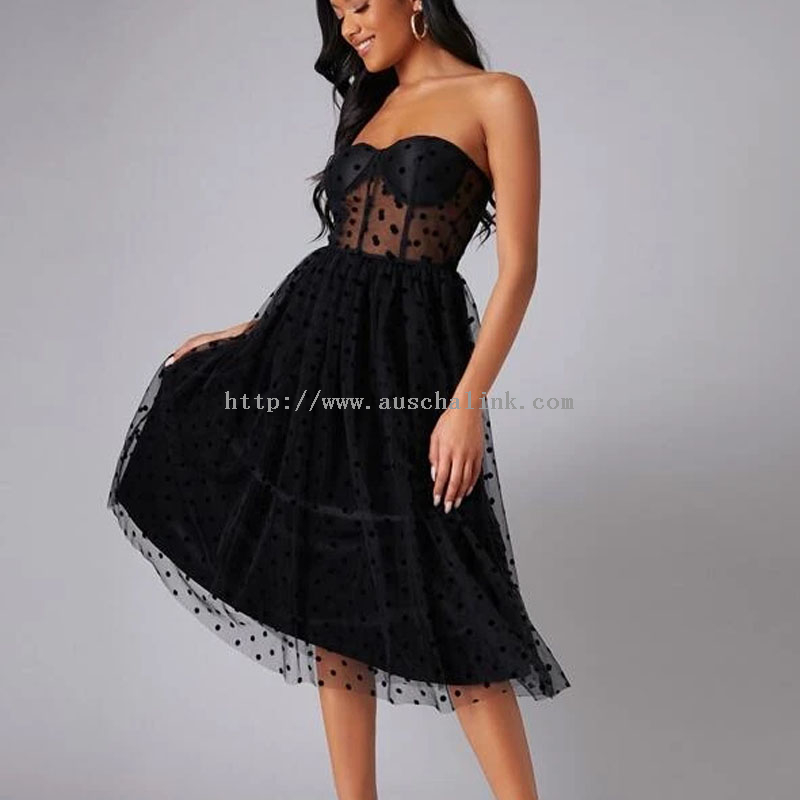 Newly Designed Black Zipper Sleeveless Mesh High-waisted Flared Evening Dress for Women