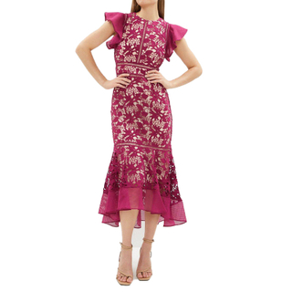 Pink Party Vintage High Low Evening Structured Floral Jacquard Midi Dress Women