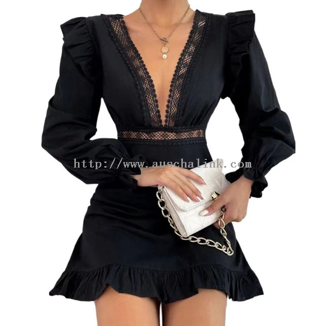 Pure Cotton Deep V Neck Embossed Lace Inlaid Lotus Sleeve Flounces Sexy Dress for Women