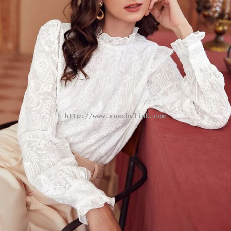 2022 New Design White Small High Collar Floral Embroidery Lettuce Trim Professional Blouse for Women